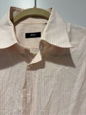 BOSS Men’s Light Pink Checked Dress Shirt